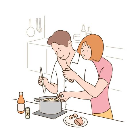 A woman is hugging a man who is cooking from behind. hand drawn style vector design illustrations. Man Cooking Drawing, Couple Cooking Illustration, Couple Cooking Drawing, Hot Dog Drawing, Hard Working Husband, Couples Doodles, Hug From Behind, Back Drawing, Man Cooking