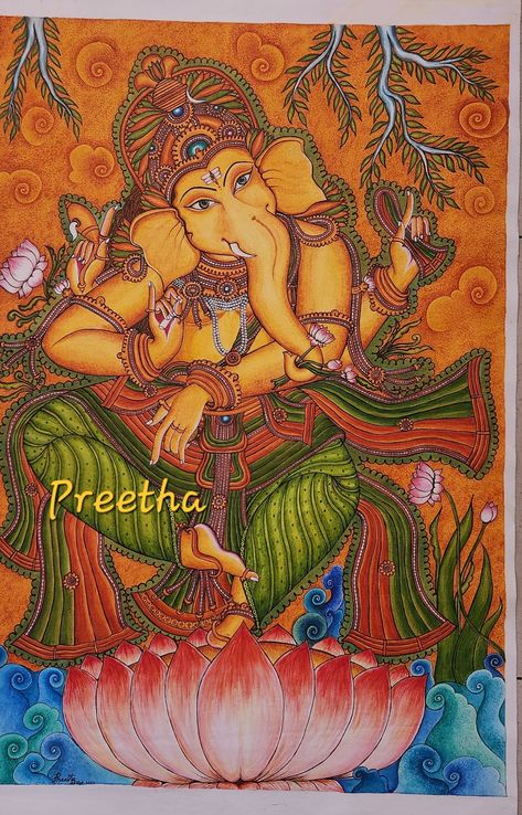 Narthana Ganapathi kerala Mural painting-Preetha Mural Painting Kerala, Ganesh Art Paintings, Indian Traditional Paintings, Kerala Mural Painting, Ganesh Art, Ganesha Art, Mural Painting, Traditional Paintings, Kerala