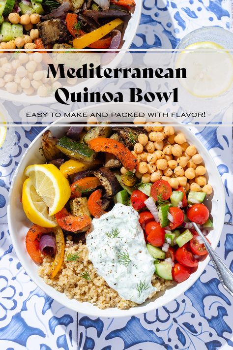 This Mediterranean Quinoa Bowl is packed with a ton of flavor and great for meal prep! It's made with fluffy quinoa, colorful roasted veggies, chickpeas, fresh salad, and creamy tzatziki. It's simple, easy to make, and filling. It's a great vegetarian dinner for spring, summer, or early fall. You can serve it as it is or with your favorite protein like roasted chicken or fish. Roasted Chickpea Bowls, Mediterranean Chicken Quinoa Bowl, Quinoa Chicken Bowl, Mediterranean Quinoa Bowl, Greek Bowl, Mediterranean Bowl, Nourish Bowls, Fluffy Quinoa, Bowls Dinner