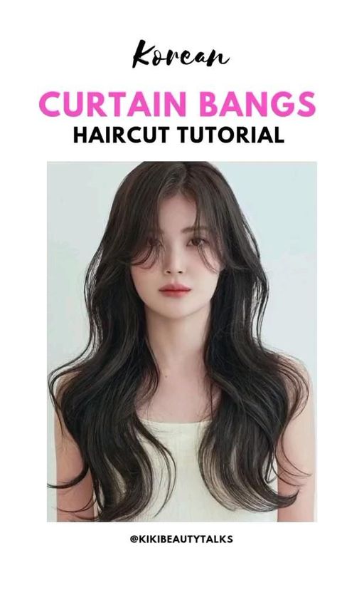 Korean Curtain Bangs Haircut Curtain Bangs Haircut, Korean Curtain Bangs, Korean Wavy Hair, Bangs Haircut, Mermaid Summer, Bangs Wavy Hair, Bangs Hairstyle, Bangs Tutorial, Wolf Haircut