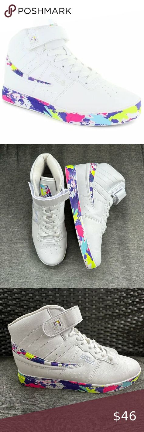 White Fila Hightops Vulc 13 Sneakers Paintball Muticolor Women's Size 10 Fila Shoes, Paintball, High Tops, Size 10, Womens Sizes, Trim, Sneakers, Best Deals, Plus Fashion