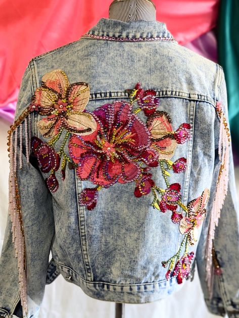 This Womens Jackets & Coats item is sold by KosturakisCrafts. Ships from Houston, TX. Listed on Sep 3, 2024 Denim Jacket Upcycle Ideas, Painting Denim Jacket, Jean Hacks, Painting Denim, Rhinestone Denim Jacket, Denim Jacket Embroidery, Jean Jacket Diy, Huge Flowers, Levi Jacket