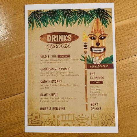 Hawaiian Menu Design, Tiki Menu Design, Tiki Bar Menu Design, Hawaiian Menu Ideas, Tropical Bar, Drink Menu Design, Survivor Party, 23 Summer, Hawaiian Punch