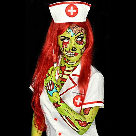 Italian Body Painter Zombie Nurse Costume, Pop Art Zombie, Zombie Nurse, Zombie Drawings, Green Costumes, Halloween Events, Zombie Costume, Nurse Costume, Scary Makeup