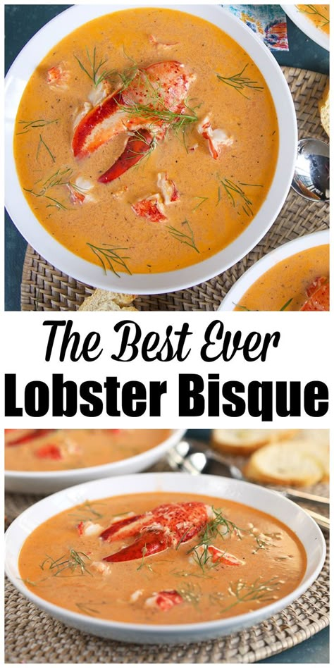 Healthy Lobster Bisque, Crockpot Lobster Bisque, 4 Course Dinner Menu Ideas, Seafood Bisque Soup Recipes, Keto Lobster Bisque, Easy Lobster Bisque, Crab Bisque Recipe, Lobster Bisque Recipe, Bisque Soup Recipes