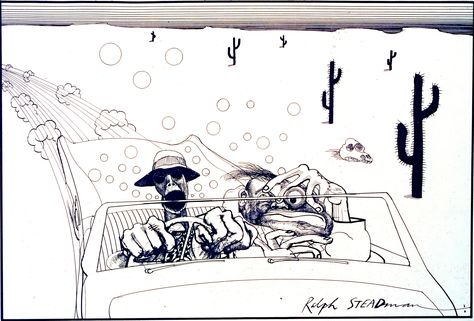 One of Steadman's now-iconic illustrations for Hunter S. Thompson's 1971 novel Fear and Loathing in Las Vegas: A Savage Journey to the Heart of the American Dream. Illustration: Ralph Steadman Ralph Steadman Fear And Loathing, Fear And Loathing Tattoo Ideas, Fear And Loathing In Las Vegas Art, Fear And Loathing In Las Vegas Tattoos, Drawn Album Covers, Las Vegas Drawing, Vegas Drawing, Hannah Yata, Ralph Steadman Art