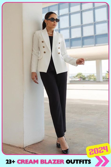 Professional black trousers and white top, paired with a cream blazer for a polished and sleek office look. This cream blazer outfit is perfect for important meetings and professional events where you need to make an impression. Cream Blazer Outfit, White Blazer Outfit, White Blazer Outfits, Blazer Outfit Ideas, Sleek Office, Off White Blazer, Cream Blazer, Professional Event, Blazer Outfit