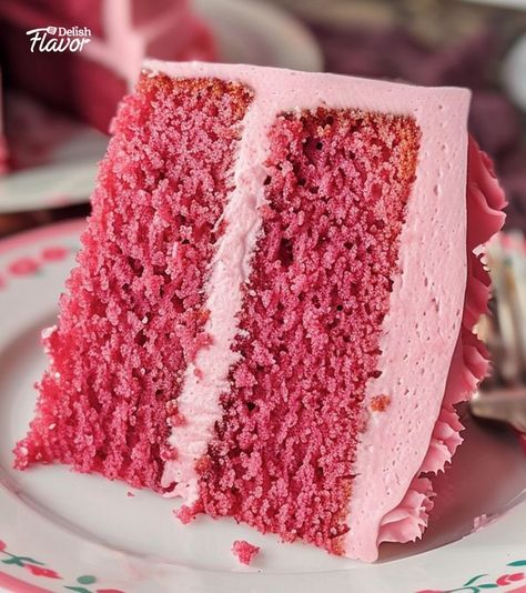 Delish Flavor | 2-Layer Pink Velvet Cake with Cream Cheese Frosting | Facebook Pink Velvet Cake, Pink Velvet Cakes, Cake With Cream Cheese Frosting, With Cream Cheese Frosting, Cake Slice, Cake With Cream Cheese, Velvet Cake, Piece Of Cakes, Cheese Frosting