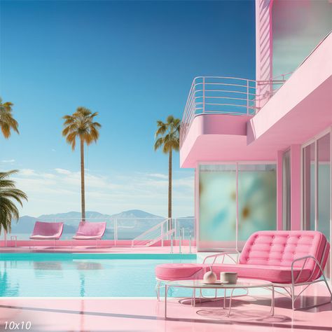 Barbie's Chic Pink Poolside Photography Backdrop Transform your photoshoots with the vibrant and stylish Barbie's Chic Pink Poolside Photography Backdrop. This stunning backdrop features a luxurious pink poolside scene complete with modern architecture, palm trees, and chic outdoor furniture. Ideal for creating a glamorous and playful atmosphere, this backdrop is perfect for children's photoshoots, Barbie-themed parties, fashion shoots, and any event that requires a touch of elegance and fun. De Poolside Photography, Chic Outdoor Furniture, Flamingo Room, Bathtub Photography, Palm Springs Decor, Barbie Land, Barbie Beach, Pink Hotel, Aesthetic Place