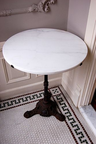 Bistro Table ~ Cast Iron Table Base ~ White Marble Charleston House, Cast Iron Table Base, Bistro Tables, Bistro Furniture, Cafe Table, Outdoor Patio Set, Outdoor Patio Furniture Sets, Marble Table Top, French Bistro