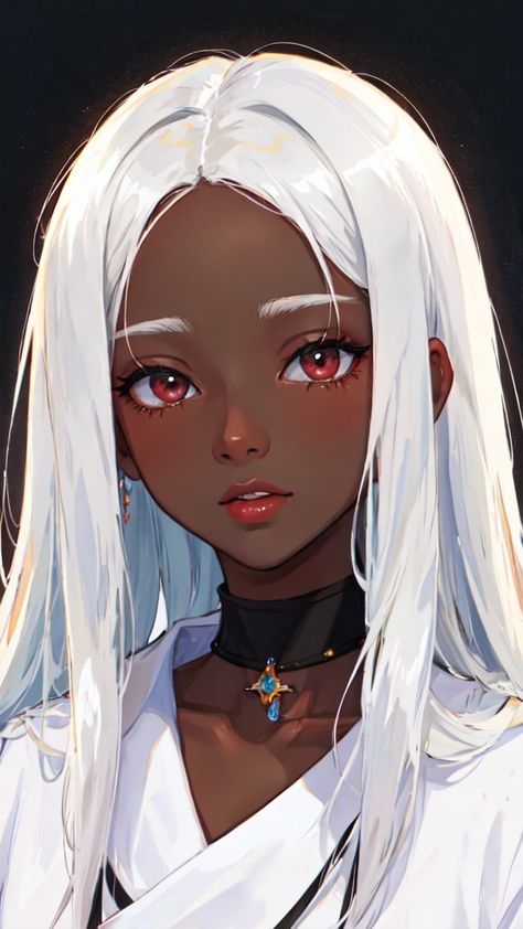 Black Anime White Hair, Brown Skin White Hair Character Art, Dark Skin White Hair Female Character Art, Dark Skin Anime Female, Black Vtuber, Dark Skinned Anime, Cute Anime Female, Black Female Oc, Dark Skin Anime