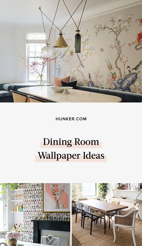 Looking for dining room wall ideas? One word: wallpaper. We cover different types of wallpaper, as well as six fun ideas that will make your entertaining space completely unforgettable. #hunkerhome #wallpaper #wallpaperideas #diningroom #diningroomwallpaper Wallpaper Ideas For Dining Room, Wallpaper Dining Room Accent Wall, Wall Papered Dining Room, One Word Wallpaper, Dining Room Wallpaper Accent Wall, Dining Room With Wallpaper, Dining Room Wall Ideas, Dining Room Wallpaper Ideas, Wallpaper For Dining Room