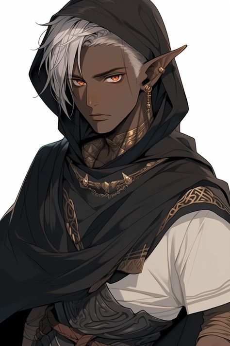 Cormoran Strike Fanart, Dark Skin Elf Male, Fantasy Ranger Art, Drow Male Character Design, Male Drow Character Art, Dnd Male Character Art, Male Elf Character Art, White Hair Elf Male, Elf Male Character Design