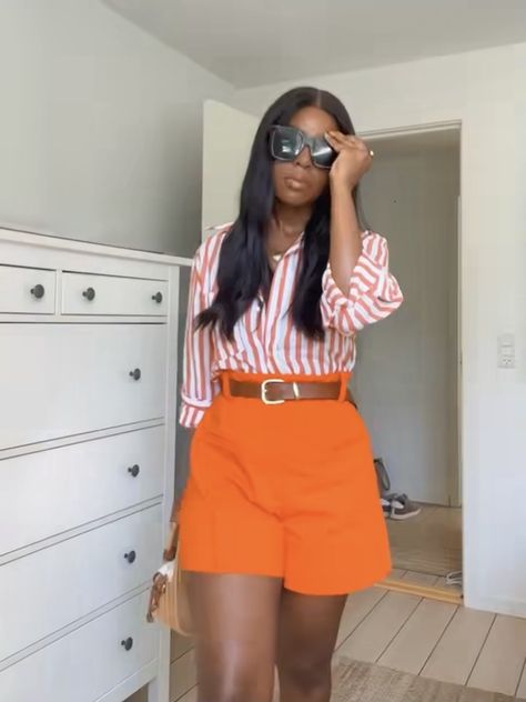 Preppy Summer Outfits For Black Women, Orange Shorts Outfit, 2piece Outfits, Look Plus Size, Orange Outfit, Stylish Work Attire, Classy Casual Outfits, Classy Casual, Casual Chic Outfit