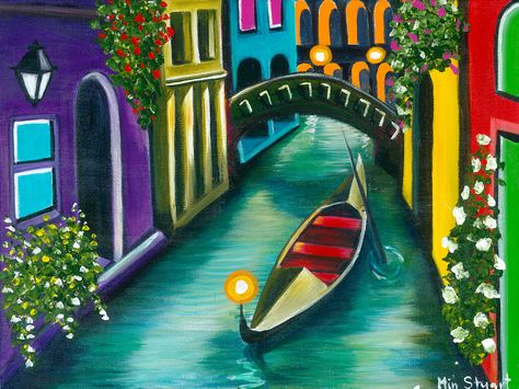 venice, canal, acrylic art, vibrant, colourful houses, folk art Venice Italy Painting Easy, Venice Painting Easy, Gondola Art, Art Ideas For Kids, Venice Art, Venice Painting, Italy Painting, Easy Art Projects, Painting Easy