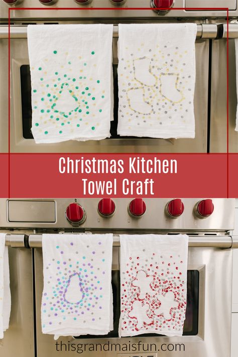 Christmas Kitchen Towel Craft - TGIF - This Grandma is Fun Flour Sack Towels Crafts, Tea Towels Crafts, Kitchen Towels Diy, Cinnamon Sticks Christmas, Kitchen Towel Gift, Homemade Gifts For Friends, Kitchen Towels Crafts, Christmas Diy Kids, Tea Towels Diy