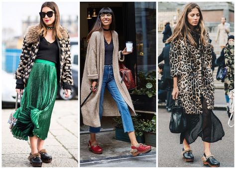 How to Wear Clogs in Style This Fall/Winter Heeled Clogs With Dress, Clogs Dress Outfit, Dansko Clogs Outfit Fall, Dansko Clogs Outfit Winter, Black Clogs Outfit Fall, Clogs And Dresses Outfit, Clogs Winter Outfit, Chunky Clogs Outfit, Winter Clogs Outfit