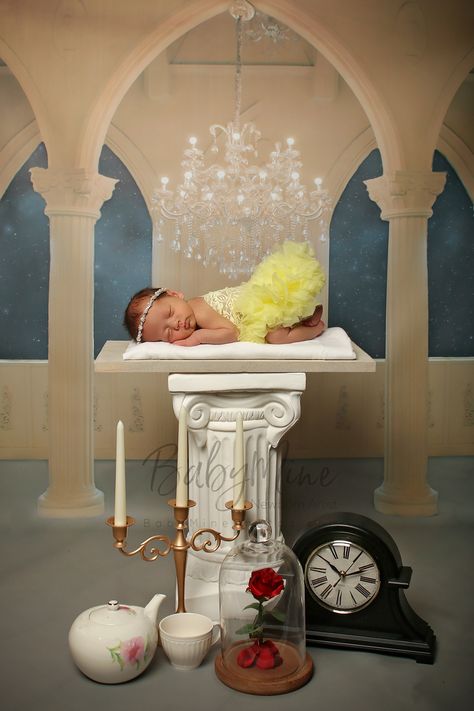 Beauty And The Beast Photoshoot, Beauty And The Beast Photoshoot Ideas, Newborn Disney Photoshoot, Newborn Beauty And The Beast Photoshoot, Sleeping Beauty Baby Photoshoot, Sleeping Beauty Newborn Pictures, Disney Princess Babies, Beauty And The Beast Theme, Beauty And The Beast Party