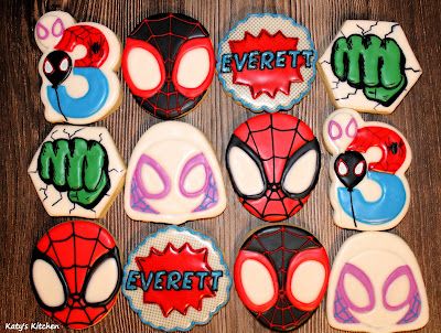 Katy's Kitchen: Spidey and His Amazing Friends Cookies Spider-man Cookies, Spiderman Cookies Decorated, Spiderman Sugar Cookies, Marvel Cookies, Spider Man Cookies, Friends Cookies, Spiderman Cookies, Spiderman Birthday Party Decorations, Spiderman Birthday Cake