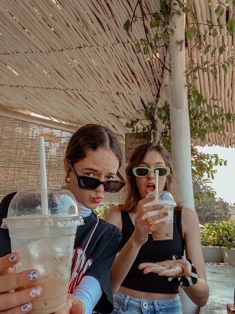 Ice coffee and selfies. Taken at salt cafe in ballito. #beach #photography #icecoffee #besties #bestfriendgoals #vibes Cafe Fashion Photography, Iced Coffee Photoshoot, Cafe Photography People, Car Glamping, Friends Having Coffee, Starbucks Selfie, Cafe With Friends, Cafe Poses, Blueberry Croissant