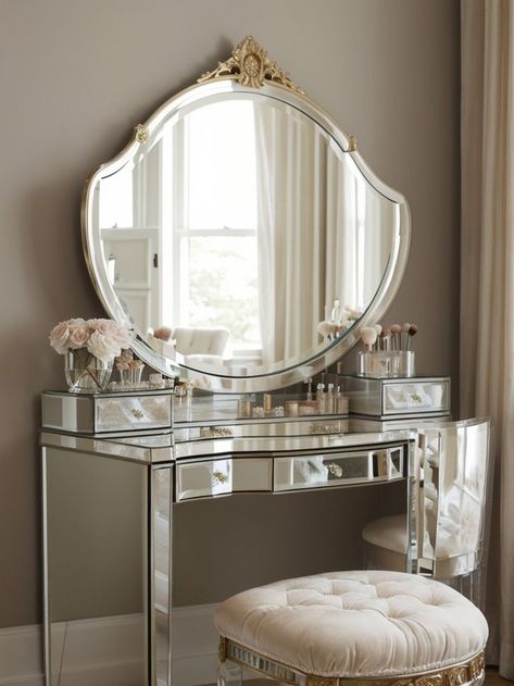 Makeup Table Aesthetic, Table For Makeup, Bedroom Makeup Table, Acrylic Makeup Organizer, Table Aesthetic, Vanity Organizer, Acrylic Organizer Makeup, Ornate Mirror, Floral Decorations