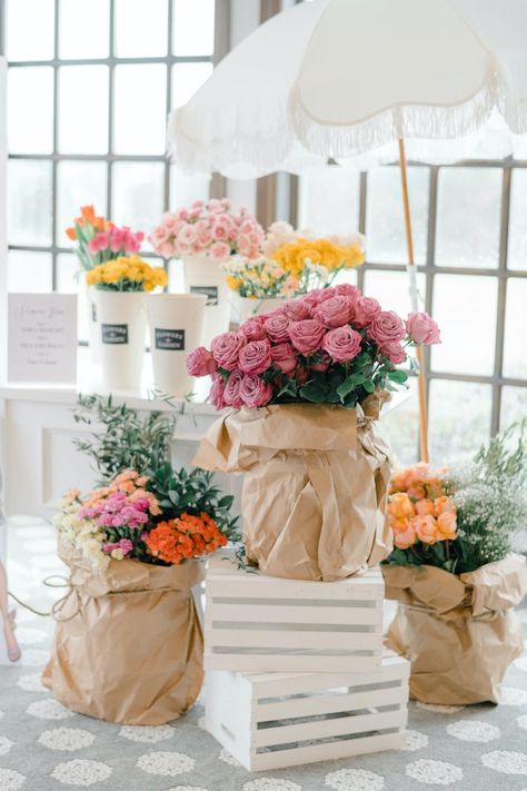 Kara's Party Ideas Butterfly Kisses for the new Mrs. Bridal Shower | Kara's Party Ideas Flower Bar Ideas, Rose Wedding Decorations, Guest Table Centerpieces, Bridal Shower Inspo, Guest Table, Bridal Shower Inspiration, Flower Cart, Bridal Tea, Flower Bar