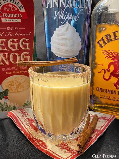 Crema vie with whipped pinnacle and fireball. Firenog! Fireball Eggnog, Fireball Mixed Drinks, Fireball Cocktails, Fireball Bottle, Fireball Recipes, Cinnamon Sugar Rim, Whipped Vodka, Whipped Cream Vodka, Fireball Whiskey