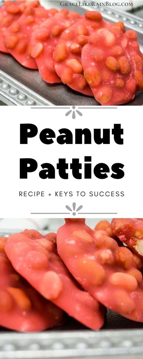 Peanut Patties are an old-fashioned southern treat that was often found at roadside stands and gas stations or fresh from your grandmother's kitchen. Their classic red color makes them a standout on your holiday sweets table. Red Peanut Patties Recipe, Microwave Peanut Patties, Peanut Patties Recipe, Chex Treats, Xmas Bakes, Peanut Patties, Stovetop Appetizers, Pecan Candy, Patty Recipe