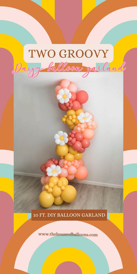 🌼 Embrace Flower Power! 🌼 Our DIY balloon garland kit in peach, mustard, champagne, and blossom pink, complete with adorable daisy balloons, will add a burst of floral magic to your celebrations! Boho Balloon Arch, Daisy Balloons, 60s Theme, Two Groovy, Bluey Party, House Of Balloons, Hippie Party, Baby In Bloom, Diy Balloon