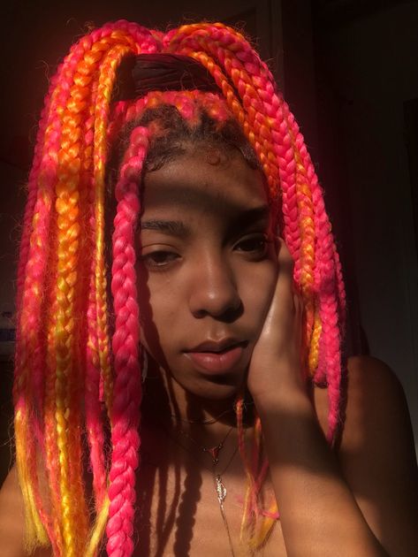 me w/ pink & yellow/orange box braids I did myself Peekaboo Box Braids Orange, Jumbo Pink Box Braids, Pink And Orange Box Braids, Pink And Orange Braids, Orange Box Braids, Colorful Box Braids, Yellow Braids, Orange Braids, Pink Box Braids