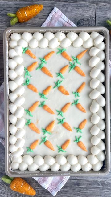 Mandy Merriman - Baking with Blondie on Instagram: "Okay but those teeny tiny carrots!!! 😍😍😍 Meet my favorite carrot cake in all the land… And perhaps yours, too? Here’s another fun way to turn my stacked carrot cake into a fun sheet cake! With the Wilton 1A, 10, and 5 tip, you’ve got this! Add the border braid and a few cute little carrots and you’re all set for the perfect Easter dessert! Recipe for my Go-to Carrot Cake & Almond Cream Cheese Buttercream are in my… …I’LL BRING THE CA Carrot Cake Shaped Like A Carrot, Easter Sheet Cakes, Easter Sheet Cake, Buttercream Borders, Mandy Merriman, Carrot Cake Sheet Cake, Sheet Cakes Decorated, Almond Cream Cheese, Baking With Blondie