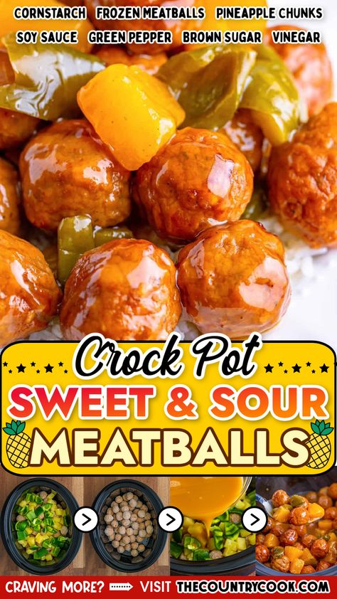 Crock Pot Sweet and Sour Meatballs are a delicious and easy recipe! Meatballs, pineapple and peppers are all coated in a homemade sweet and sour sauce! Hawaii Meatballs Slow Cooker, Sweat And Sour Meatballs Easy Crockpot, Crock Pot Crowd Pleasers, Mini Lunch Crockpot Recipes Ideas, Sweet And Sour Crockpot Meatballs, Sweet N Sour Meatballs Crockpot, Crock Pot Sweet And Sour Meatballs, Slow Cooker Sweet And Sour Meatballs, Sweet Sour Meatballs Crockpot