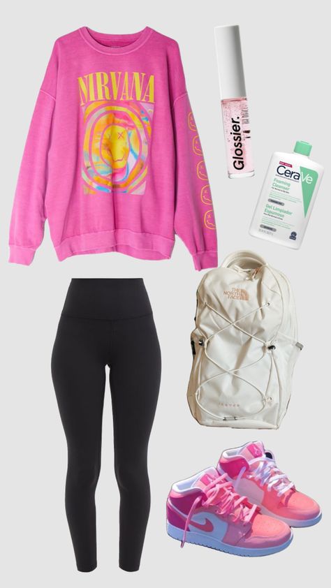 Nirvana Sweater Outfit, Nirvana Sweatshirt Outfit, Madeline Outfit, Pink Sweatshirt Outfit, Nirvana Outfit, Oversized Sweatshirt Outfit, Nirvana Sweatshirt, Nike Jordans, School Fit