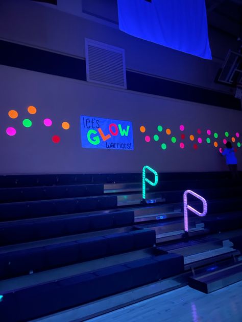 Neon Nights Homecoming, Glow In The Dark Hoco Theme, Neon Pep Rally Posters, Neon Poster Ideas For School, Glow In The Dark Poster Ideas, Western Theme Pep Rally, Glow In The Dark Pep Rally Posters, Spirit Club Ideas, School Rally Ideas