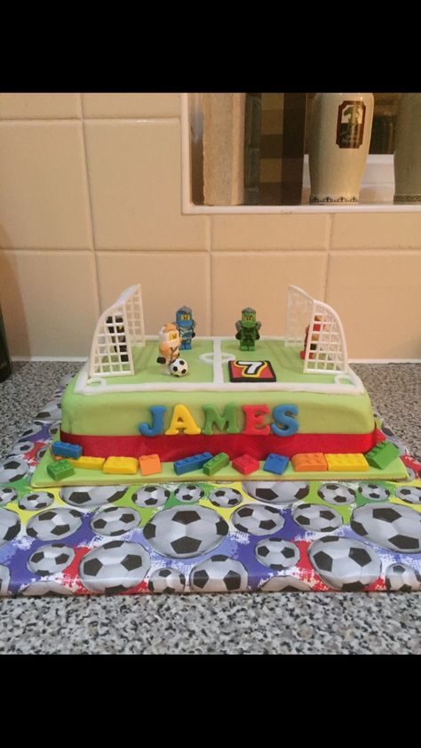 My son's Lego Ninjago football cake. Lego Cake, Football Cake, Football Pitch, Spring Cake, Lego Ninjago, Cake Ideas, Lego, Birthday Cake, Football