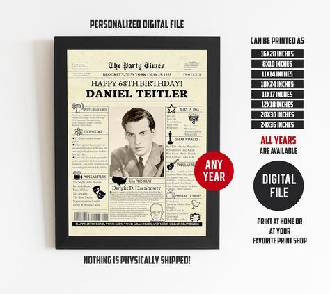 14.00 USD 68th Birthday Newspaper Poster PRINTABLE, 68th birthday gift for him or her, 68th birthday decorations, back in 1955, 68th birthday sign 68th birthday ideas for 1955 birthday celebration. This is a vintage look newspaper includes news, cost of living, sports highlights and other funny facts from year you we born. Here are some great ideas for kids, teens, or adults. For more 68th Birthday poster, please view my shop: https://etsy.me/3E30obt It's a super fun keepsake and makes a… Happy 68th Birthday, Happy 52 Birthday, 52nd Birthday, Birthday Newspaper, Newspaper Gift, 98th Birthday, 68 Birthday, 78 Birthday, 52 Birthday