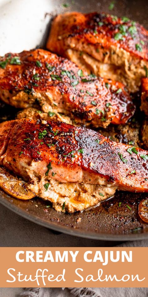 up close stuffed salmon fillets in a skillet Blackened Stuffed Salmon, Cajun Stuffed Salmon, Stuff Salmon, Mermaid Recipes, Stuffed Salmon Recipe, Cooking Salmon Fillet, Ragin Cajun, Cooked Salmon, Cajun Salmon