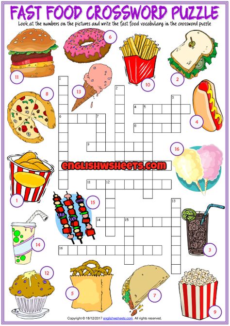 An enjoyable ESL printable crossword puzzle worksheet with pictures for kids to study and practise fast food, junk food vocabulary. Look at the pictures and the numbers on them and write the fast food vocabulary in the crossword puzzle. Teach, learn and review fast food vocabulary. Food Crossword, English Crosswords, Kids Crossword Puzzles, Class Worksheets, Printable Crossword Puzzles, Puzzle Worksheet, Food Vocabulary, Esl Vocabulary, Living Skills