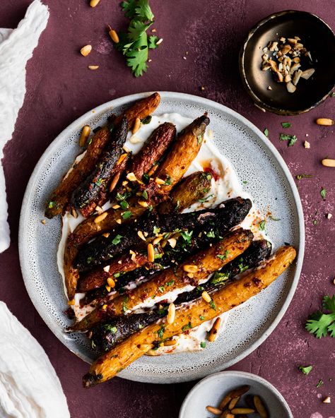 Roasted Carrots with Aleppo Pepper and Labneh — Omayah Cooks // Syrian Recipes + Photography by Omayah Atassi Syrian Recipes, Muhammara Recipe, Afghanistan Food, Labneh Recipe, Roasted Rainbow Carrots, Gluten Free Holiday Recipes, Healthy Christmas Recipes, Syrian Food, Healthy Thanksgiving Recipes