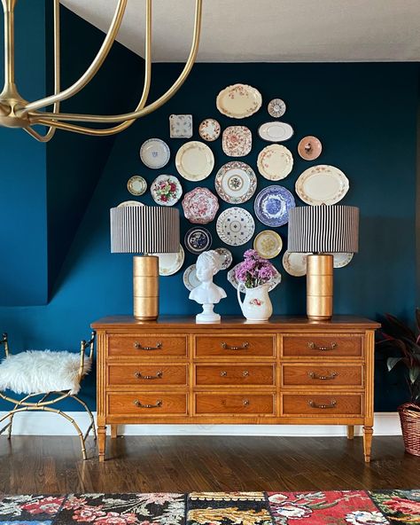 Paint color is Ocean Abyss by Behr Ocean Abyss Behr, Moody Dining Room, Pallet House, Lamp Makeover, Dining Room Makeover, Ocean Painting, Color Pallets, Master Suite, Room Makeover