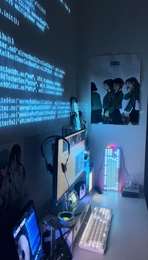 Lain Wired, Aesthetic Christmas Decor Bedroom, Bedroom Gaming Setup, Christmas Decor Bedroom, Futuristic Room, Cyberpunk Room, Aesthetic Christmas Decor, Tech Room, Bedroom Gaming