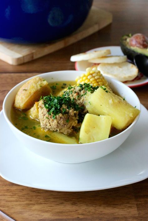 Albondigas Soup Recipe, Colombian Recipes, Albondigas Soup, Latino Food, Colombian Food, Meatball Soup, Perfect Lunch, Beef Dinner, Fresh Corn