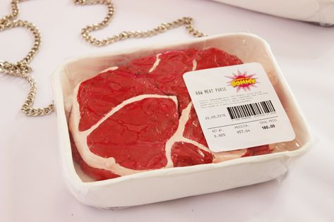 Cow Food, Meat Art, Red Packaging, Funky Purses, Statement Purse, Novelty Handbags, Novelty Purses, Raw Meat, Foodie Art