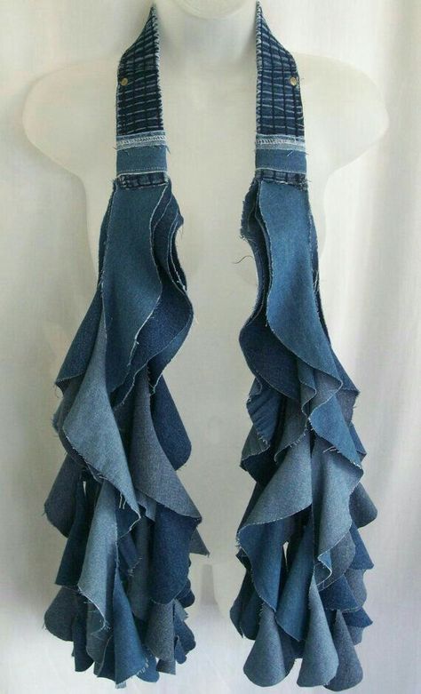 Denim Accessories Jewelry, Denim Scarf, Denim Diy Clothes, Feminine Clothing, Denim Earrings, Necklace Scarf, Jewelry Fabric, Denim Inspiration, Ruffle Scarf