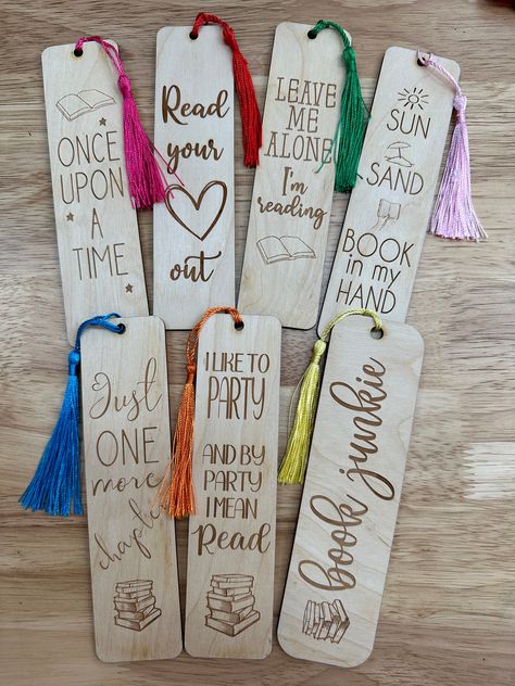 For all the book lovers who need a bookmark that will last for years to come, will not bend, and are unique and fun! Made out of wood and engraved so they will not fade choice of tassle color Wood Engraved Gifts, Wooden Bookmarks, Gift Cards Money, Bookmarks For Books, Creative Bookmarks, Laser Engraved Gifts, Bookmark Craft, Laser Engraved Ideas, Custom Bookmarks