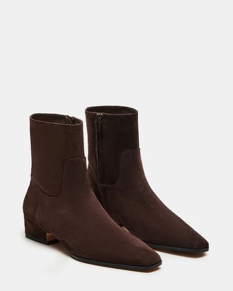 DUSTY Chocolate Brown Suede Ankle Bootie | Women's Booties – Steve Madden Dark Brown Suede Ankle Boots, Dark Brown Suede Boots Women, Casual Boots Outfit, Suede Boots Outfit, Dark Brown Suede Boots, Dirty Boots, Dark Brown Boots, Brown Suede Ankle Boots, Women's Booties