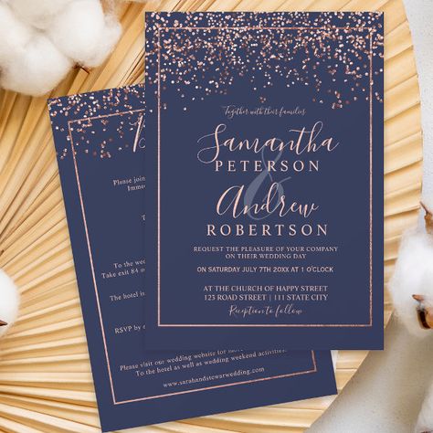 Rose gold confetti navy blue all in one wedding invitation Blue Modern Wedding, Elegant Chic Wedding, Blue Wedding Stationery, Wedding Cheap, Wedding Rose Gold, Blue Typography, Wedding Typography, Rose Gold Wedding Invitations, Rose Gold Confetti