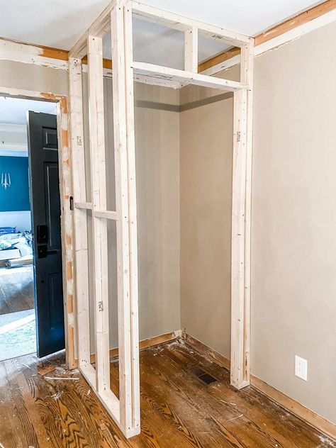 Build A Bedroom Closet, Diy Extra Room How To Build, Diy Pantry Closet How To Build, Build A Closet Wall, How To Frame Out A Closet, Diy Freestanding Closet With Doors, Building A Closet In A Room Diy, Framing A Door, Build A Closet In A Room