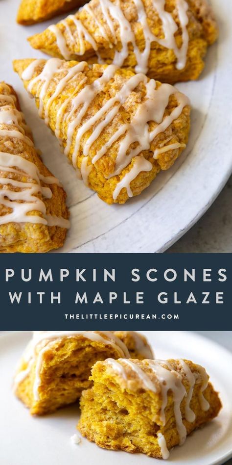 Sweet, fluffy, and flavorful pumpkin scones topped with maple glaze. Pumkin Scones, Vegan Pumpkin Scones, Pumpkin Scones Recipe, Vegan Scones, Cozy Breakfast, Pumpkin Scones, Pumpkin Spice Syrup, Fall Recipe, Fall Breakfast