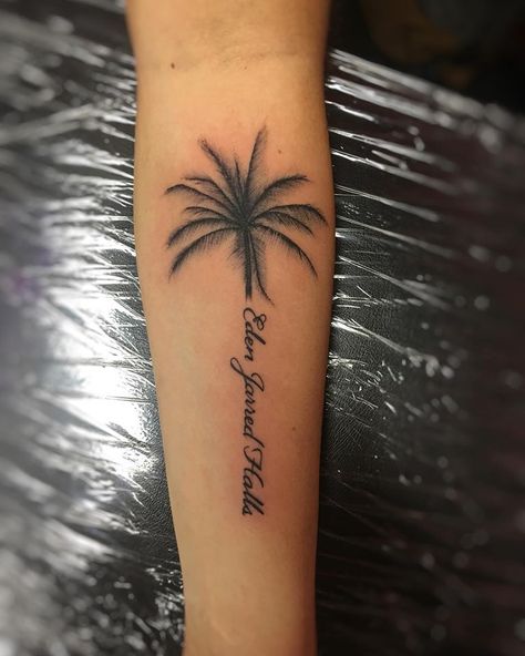 Small black and grey palm with script as trunk by artist Alex Palm Tree Tattoo With Names, Palm Tree Name Tattoo, Palm Trees Tattoo, Palm Tree Tattoos, Just Breathe Tattoo, Trees Tattoo, Beach Inspired Tattoos, Tattoos With Names, Ems Tattoos